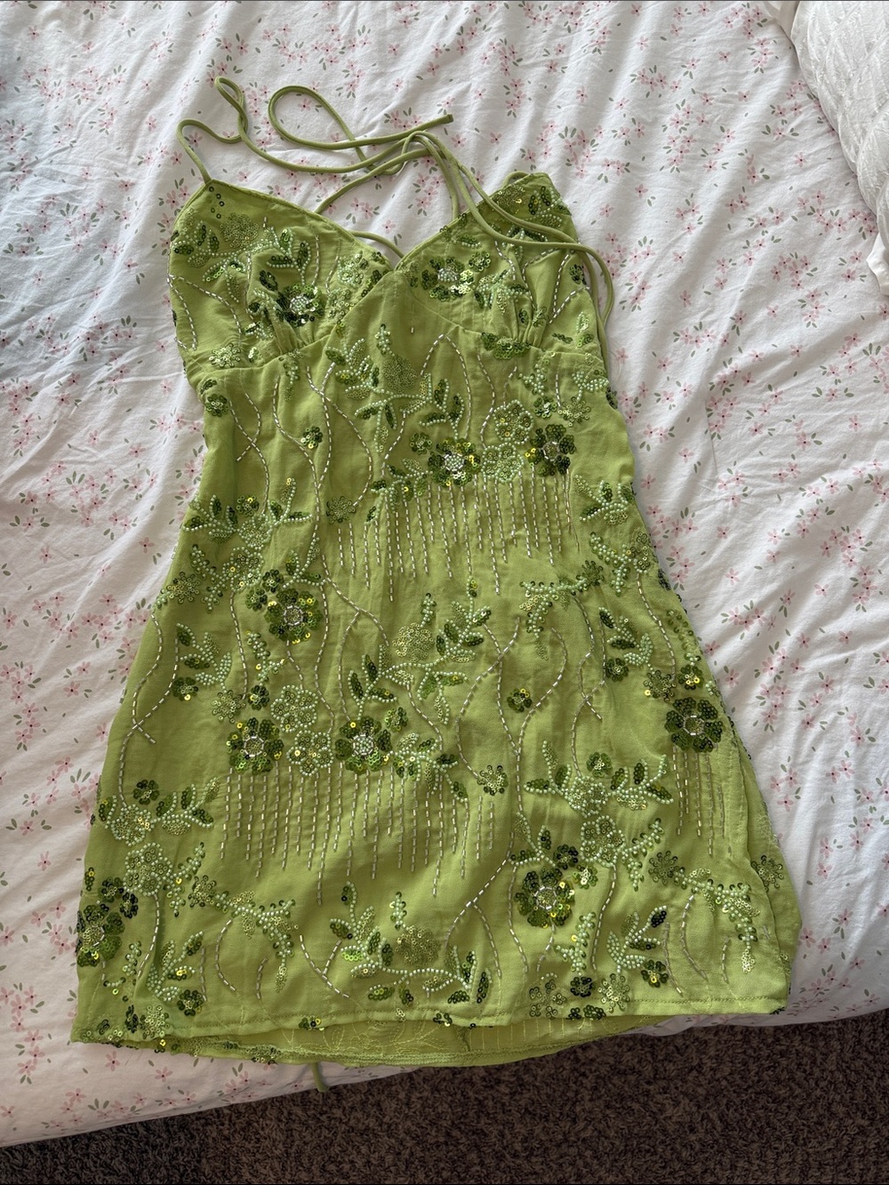 Peppermayo Lime Green Beaded Floral Mini Dress